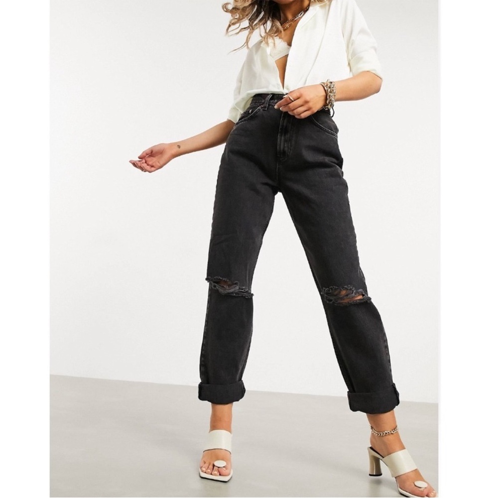 ASOS Design High Waist Relaxed Tapered Black Distressed Jeans Sz 25